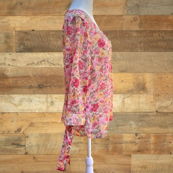 Coldwater Creek Floral Chiffon Blouse Sheer Lined V-Neck Tie Sleeve Spring Sz M - Picture 7 of 16